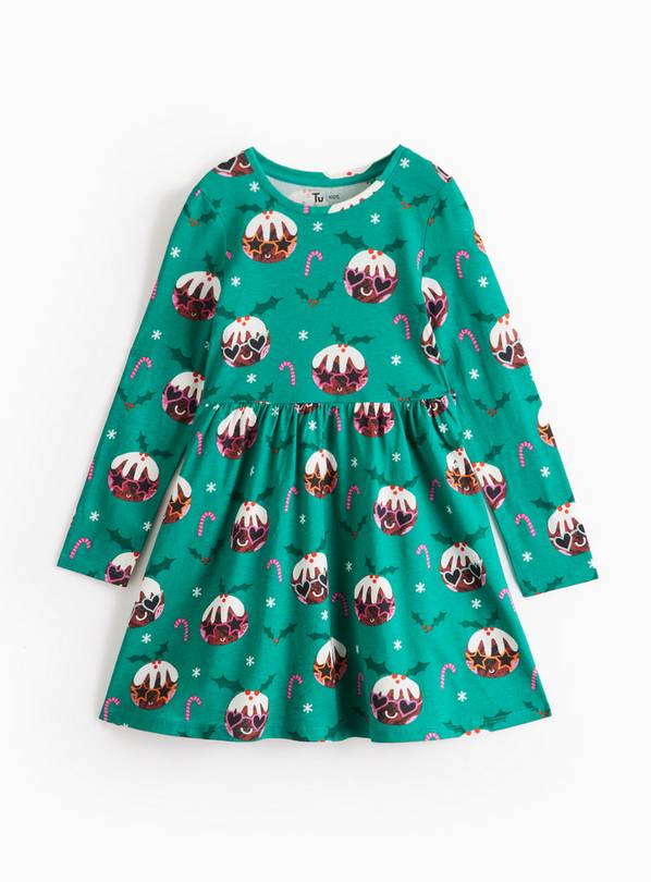 Green Christmas Pudding Print Jersey Dress 5 years